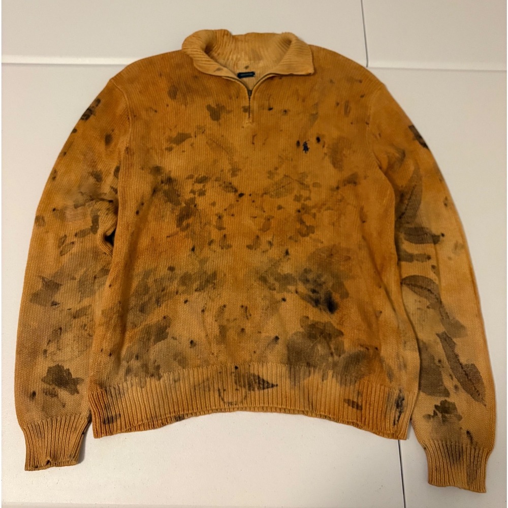 Polo Ralph Lauren Custom Tie Dye Quarter Zip Sweater Yellow Brown Cotton VTG a5